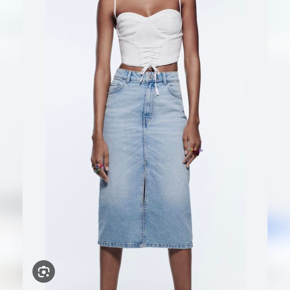 Zara Front Slit Denim Midi Skirt | XS | Blue